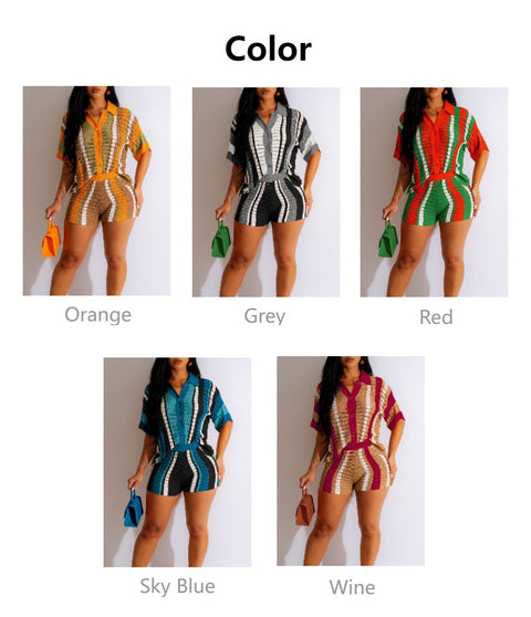 Women's Knitted Sweater Suit Sexy Lady Hollow out See-through Contrast Color Lapels