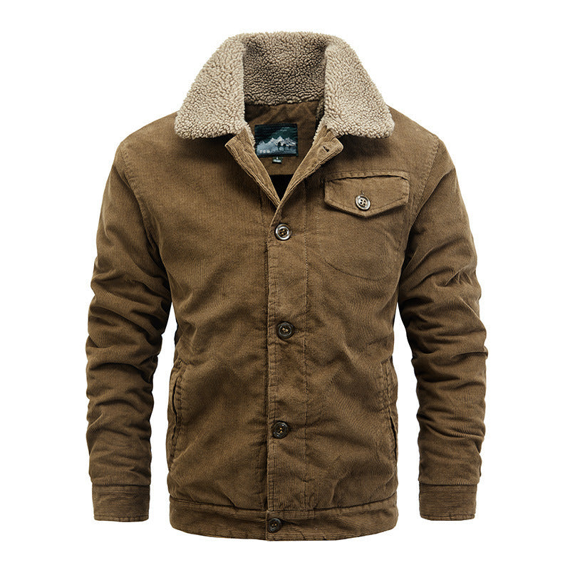 Men's Casual Jacket Corduroy Fur Collar Thermal and Windproof Fleece-lined Solid Color Button Design