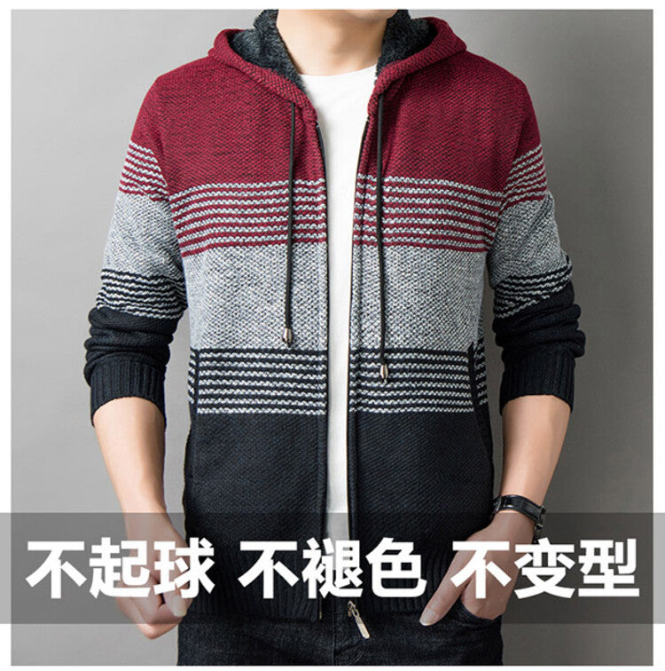 Men's knitted sweater with hood and zipper cardigan, stand-up collar, plaid, thick and warm, M-3XL