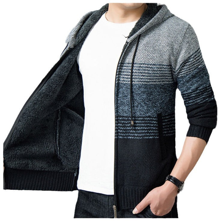 Men's knitted sweater with hood and zipper cardigan, stand-up collar, plaid, thick and warm, M-3XL