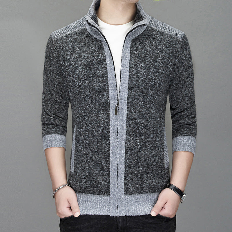 Men's knitted sweater zipper cardigan patchwork color warm M-3XL