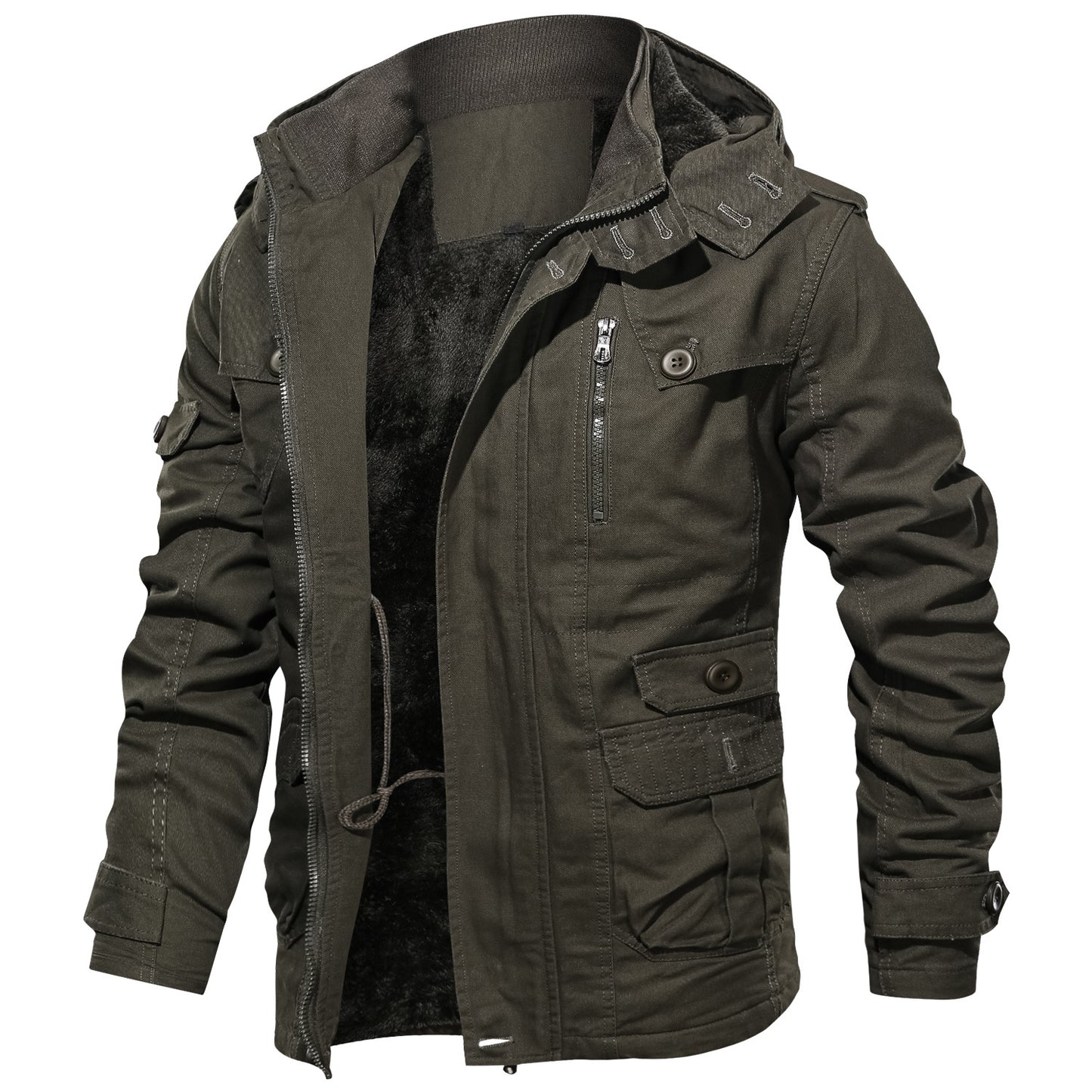 Outdoor Trendy Plus Size Men's Jacket Military Cotton Coat Fleece Lined Thickened Fashion Multi-Pocket Badge