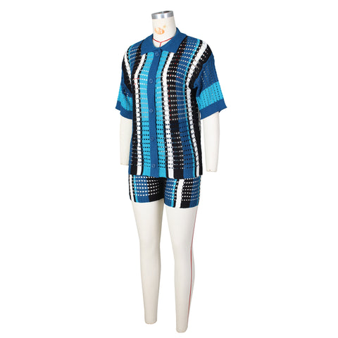 Women's Knitted Sweater Suit Sexy Lady Hollow out See-through Contrast Color Lapels