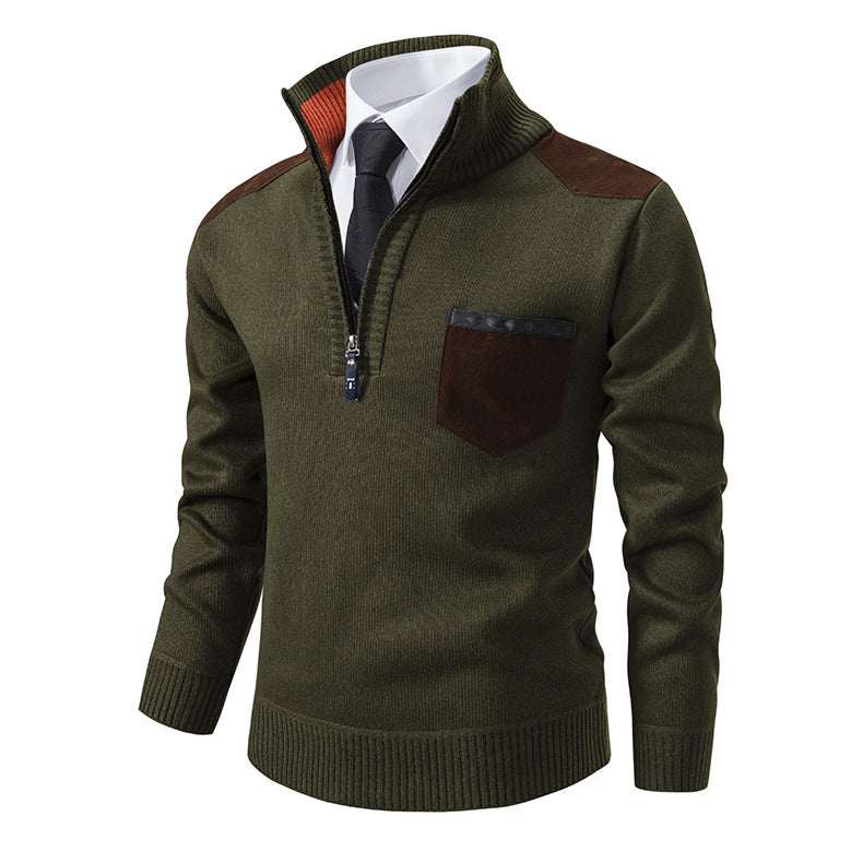 Men's knitted sweater with hood and half zipper cardigan, stand-up collar, plaid, thick and warm, M-3XL