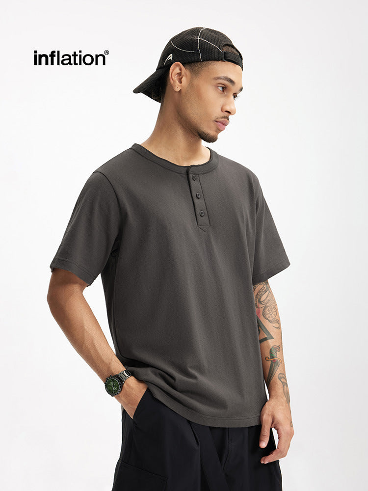 Men's T-shirt Heavy Hemp Cotton Henry Collar Spring and Summer 250G American Casual round Neck Bottoming Shirt