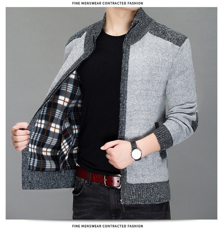 Men's knitted sweater zipper cardigan patchwork color warm M-3XL