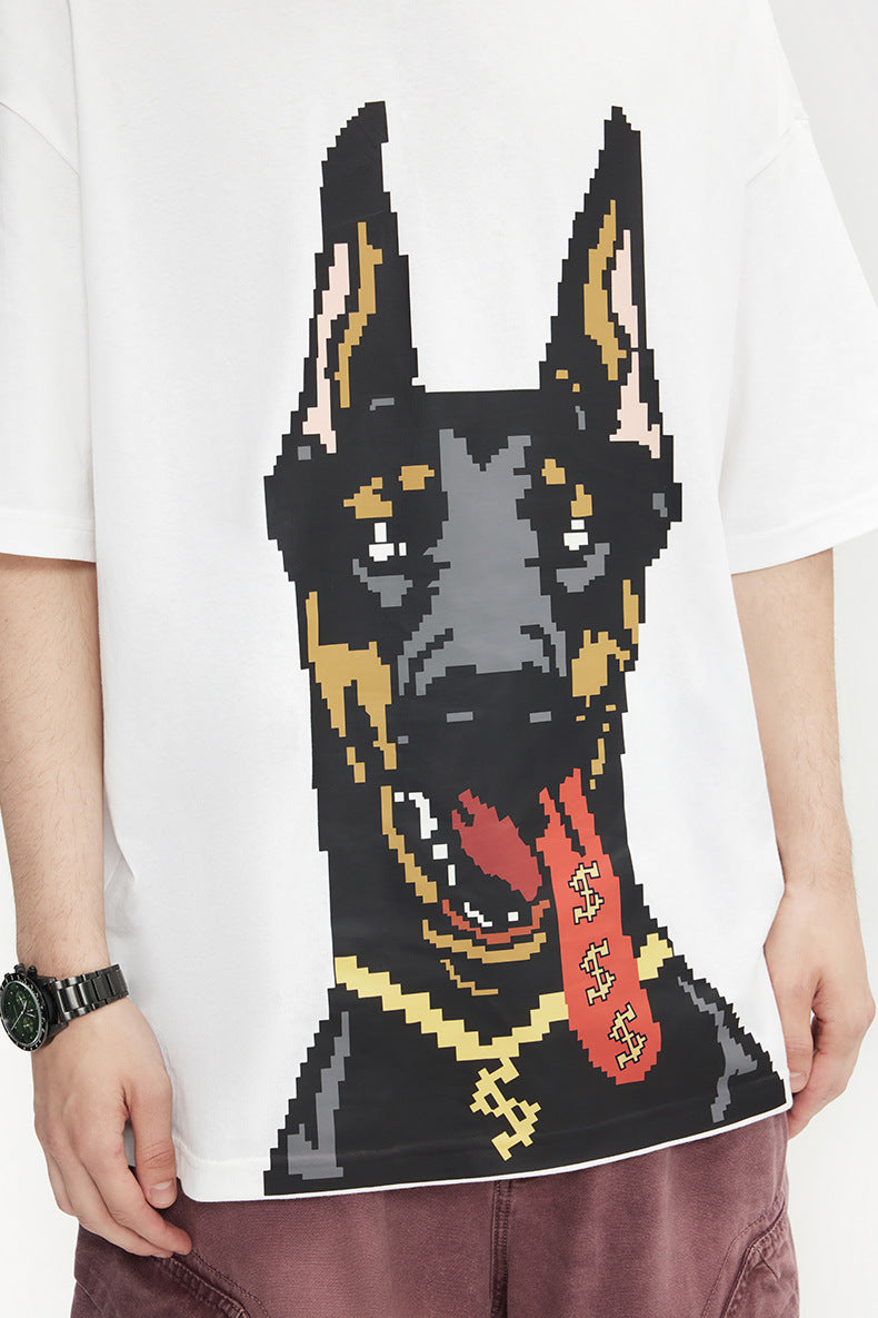 Men's T-shirt American Luminous Doberman Pinscher Printed Spring and Summer American Street Fashion Brand Loose Short Sleeve Men