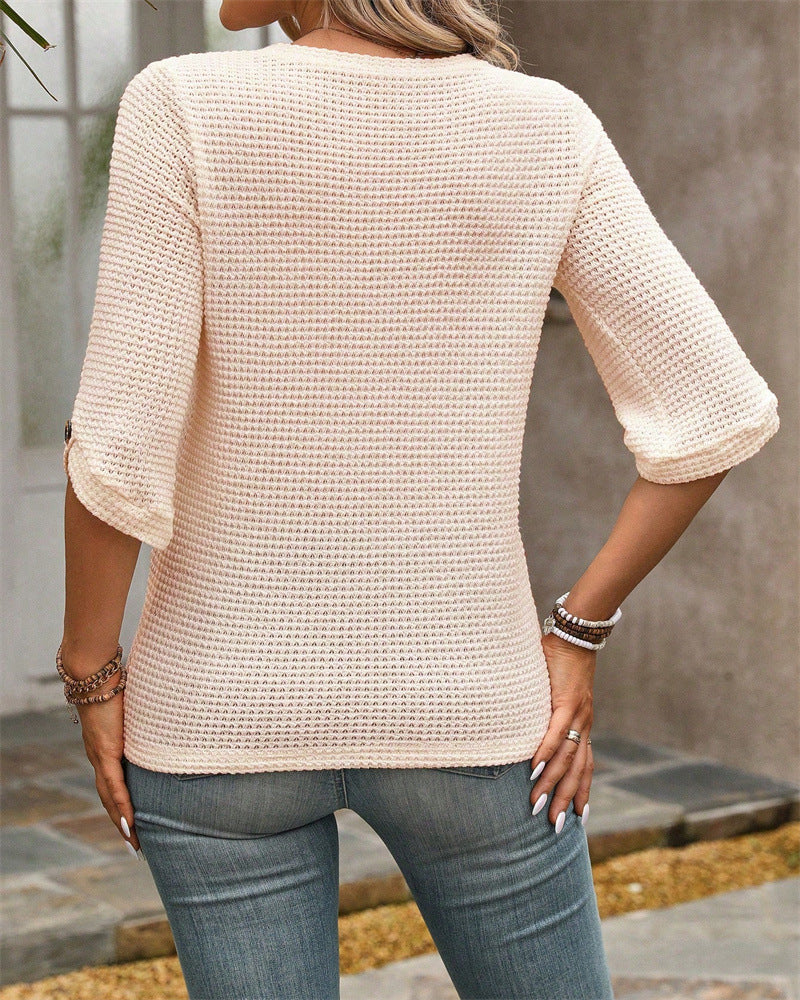 Women's Casual Loose Fit Blouse with Button Detail, Solid Color Versatile Long Sleeve/Short Sleeve Top