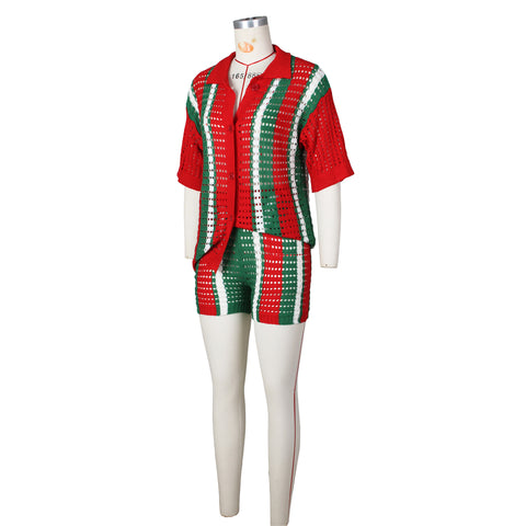 Women's Knitted Sweater Suit Sexy Lady Hollow out See-through Contrast Color Lapels