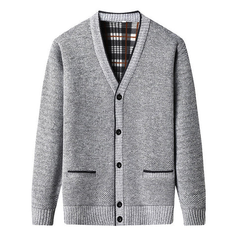 Men's Knitted fleece-lined Cardigan V-neck Knitted Sweater for Middle-aged and Elderly Business Casual Sweater