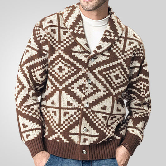 Men's knitted sweaters Vintage chunky knit Geometric jacquard cardigan with lapel with buttons