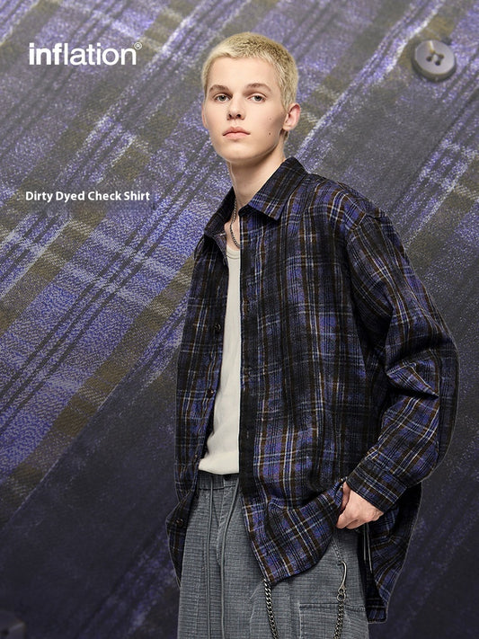 Men's Shirts New Dirty Dyed Plaid Shirt New Wasteland Style Dirty Fit Loose Plaid Shirt