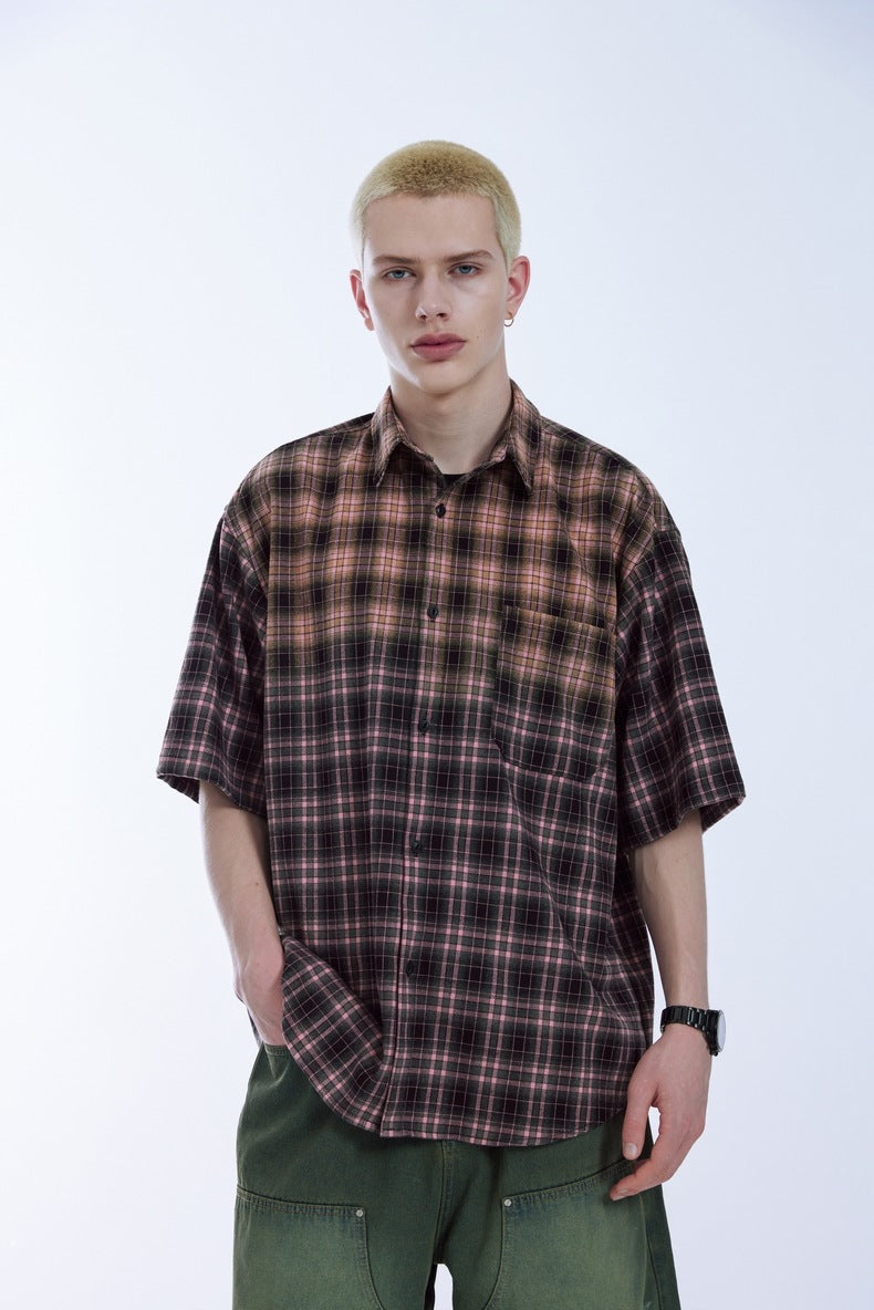 Men's Shirts Block Gradient Plaid Shirt Loose Couple Short Sleeve Checkered Shirt