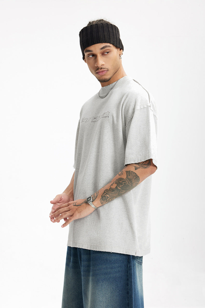 Men's T-shirt 260G Worn Washed Embroidery Spring and Summer New American Retro Heavy Casual Short Sleeve