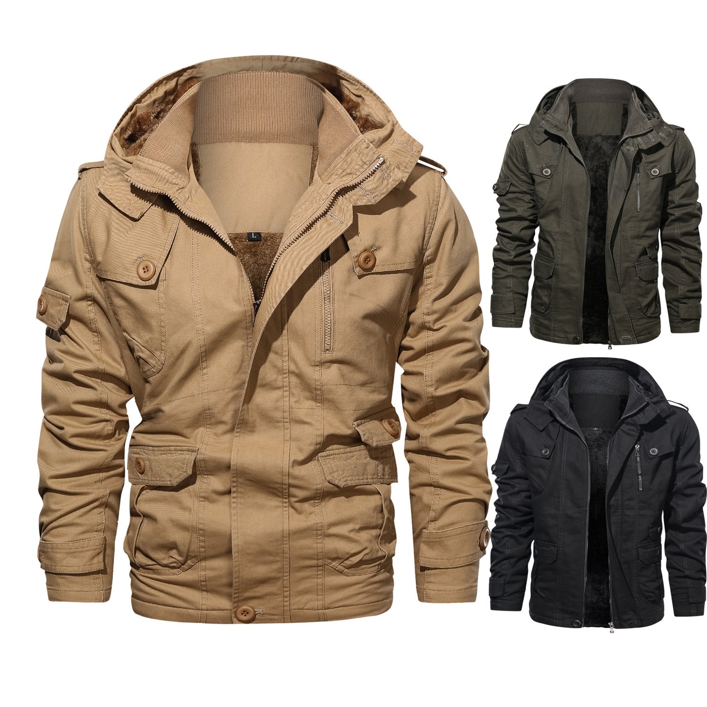 Outdoor Trendy Plus Size Men's Jacket Military Cotton Coat Fleece Lined Thickened Fashion Multi-Pocket Badge