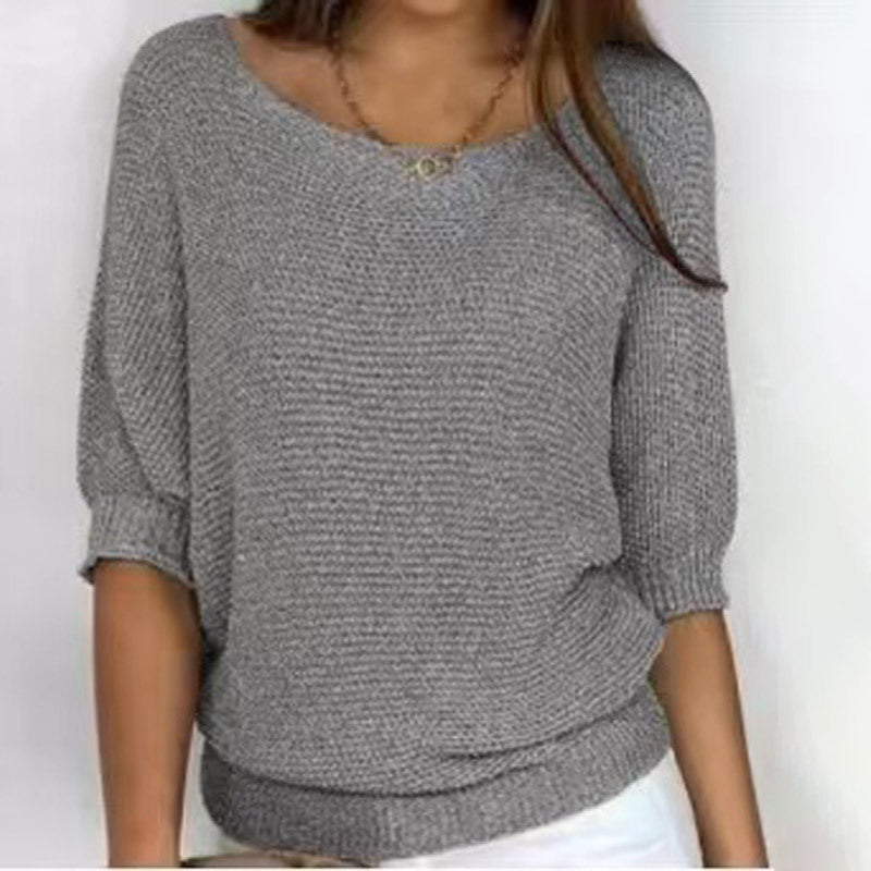 Women's Solid Color Crew Neck Knit Top – Elegant 3/4 Sleeve Blouse for Work & Casual Wear