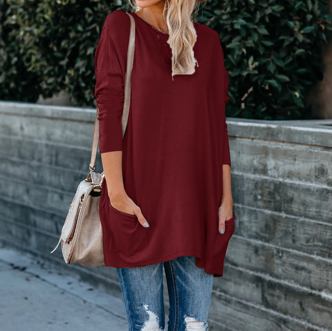 Women's Solid Color Knit Sweater: Round Neck, Long Sleeves, and Pockets