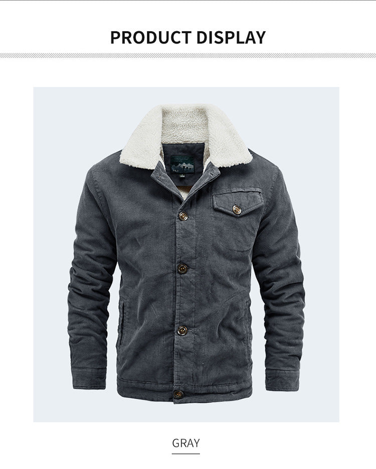 Men's Casual Jacket Corduroy Fur Collar Thermal and Windproof Fleece-lined Solid Color Button Design