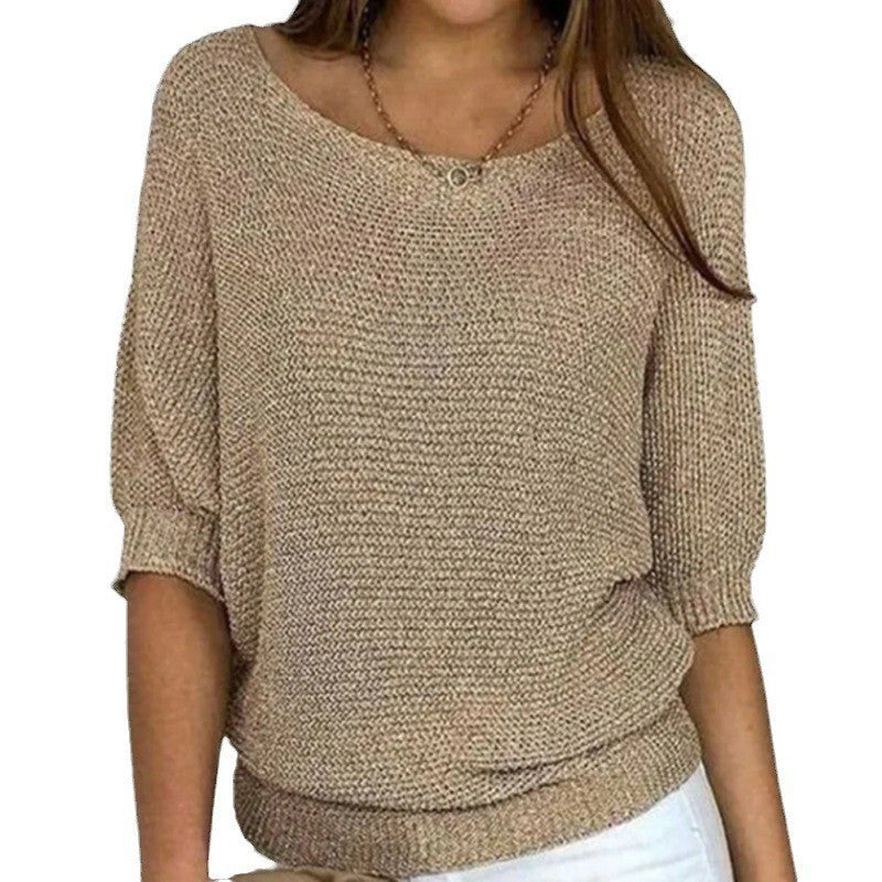 Women's Solid Color Crew Neck Knitted Sweater Lightweight 3/4 Sleeve Pullover Air-Conditioned Cardigan Top Plus Size