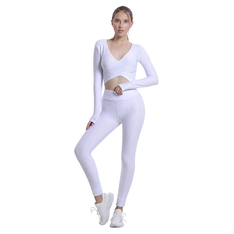 Leggings for women jacquard bubble sexy cross long-sleeved top high waist workout trousers yoga clothes suit women