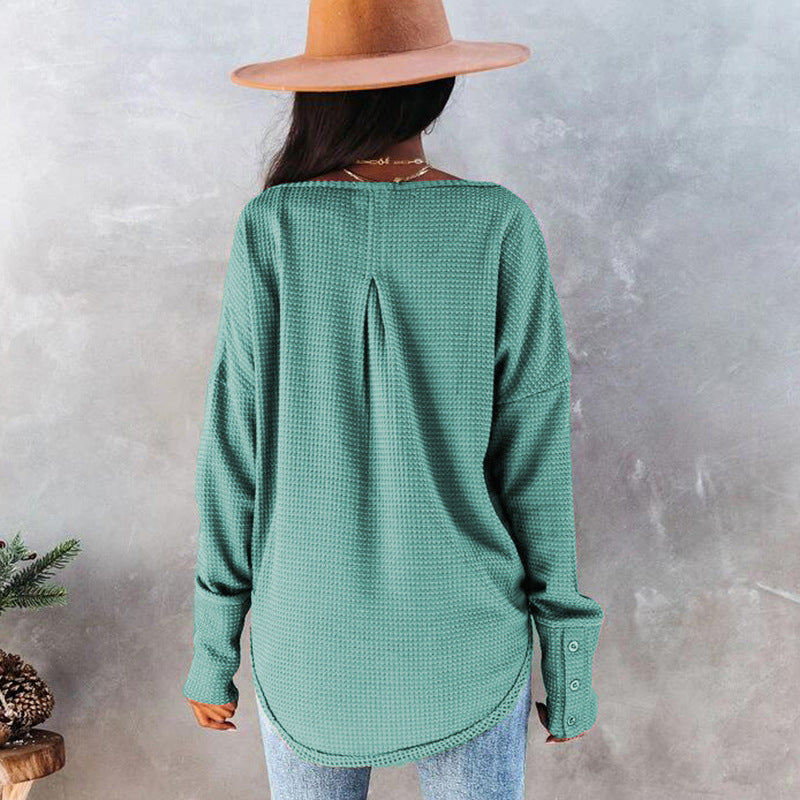 Women's Spring Summer Waffle Knit Crew Neck Patchwork Pullover Long Sleeve T-Shirt Casual Loose Top