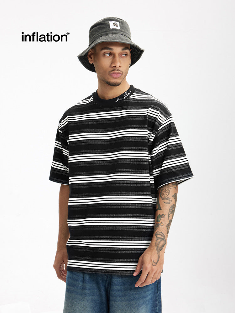 Men's T-shirt Fine Woven Plaid Striped Spring and Summer New Street Casual Loose Embroidered Men's Short Sleeve