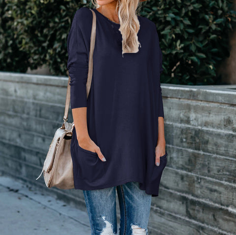 Women's Solid Color Knit Sweater: Round Neck, Long Sleeves, and Pockets