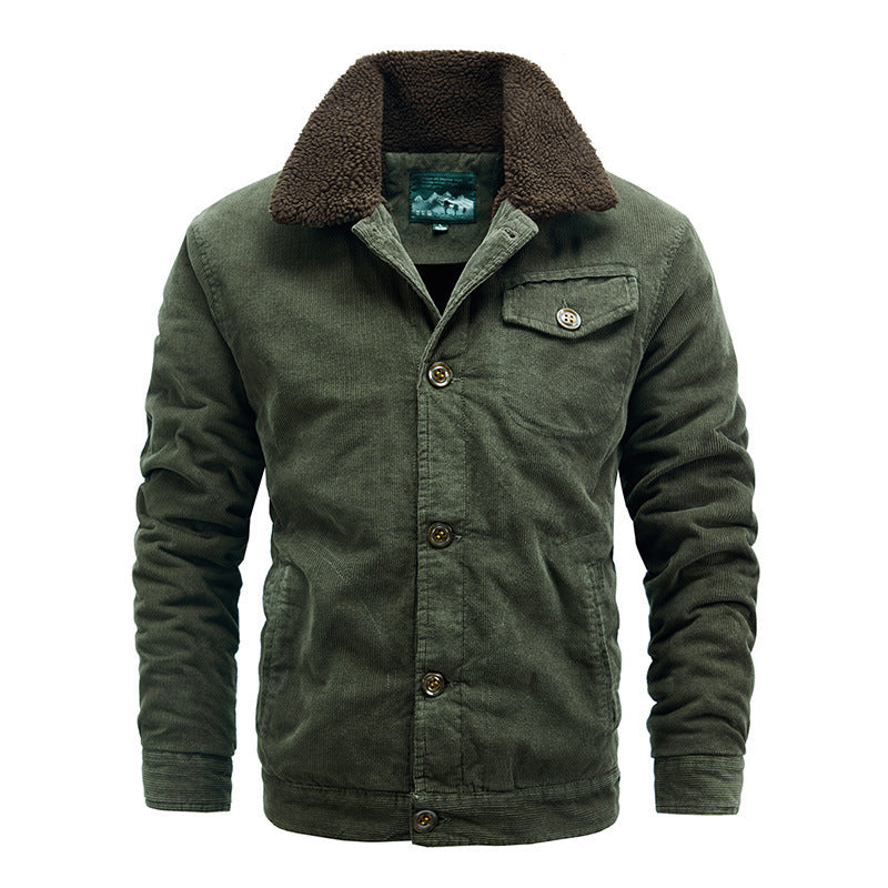 Men's Casual Jacket Corduroy Fur Collar Thermal and Windproof Fleece-lined Solid Color Button Design