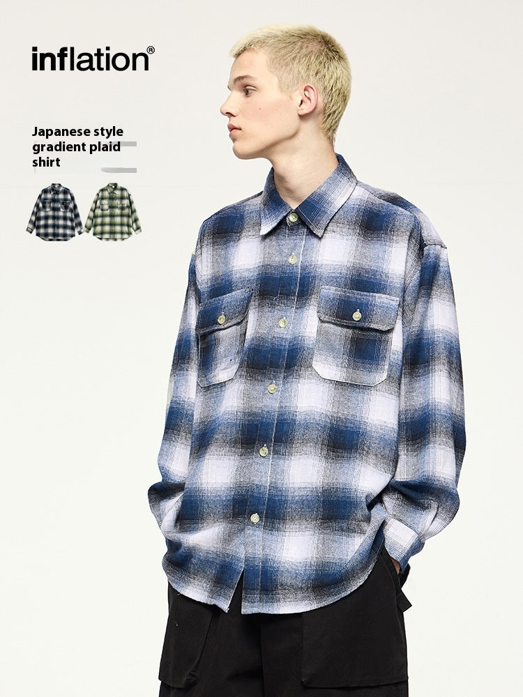 Men's Shirts New  Gradient Plaid Shirt Classic Retro Checkered Cotton Pocket Top