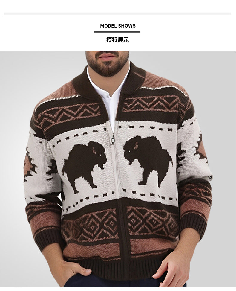 Sweats for Men Vintage Jacquard Knitwear Zipper Thickening Cardigan Outdoor Sweater