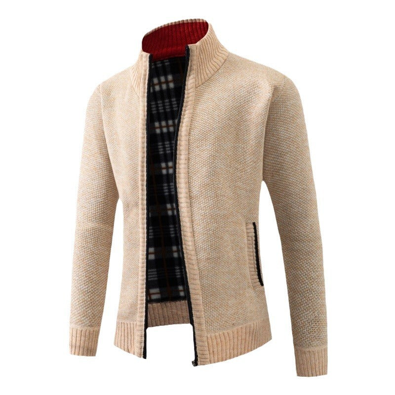 Men's knitted sweater half zip solid color stand collar plaid plus velvet warm M-3XL