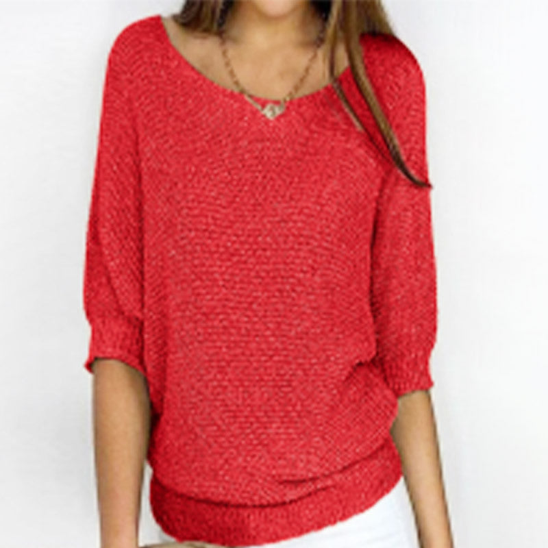 Women's Solid Color Crew Neck Knit Top – Elegant 3/4 Sleeve Blouse for Work & Casual Wear