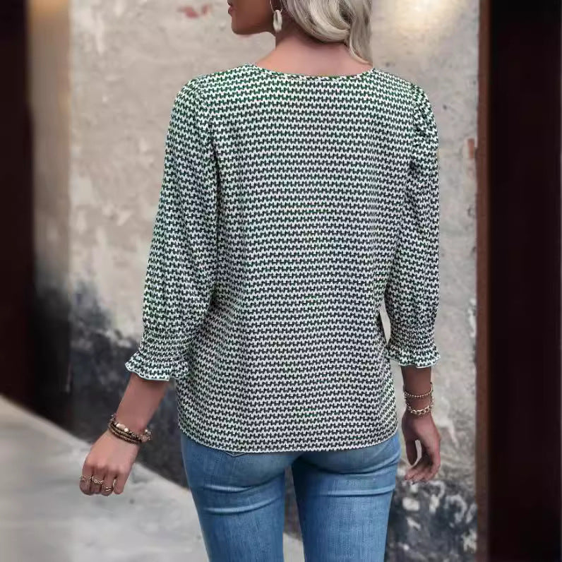 Women's Houndstooth Print Round Neck Pullover Blouse, Mid-Sleeve Top with Ruched Cuffs, Elegant Casual Loose Fit Shirt