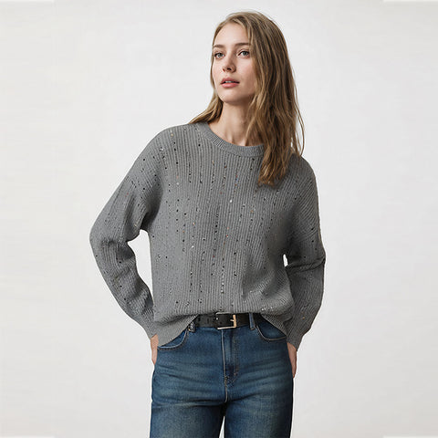 Women's Knit Sweater Gray Round Neck Long Sleeve Beaded Wool Pullover Sweater