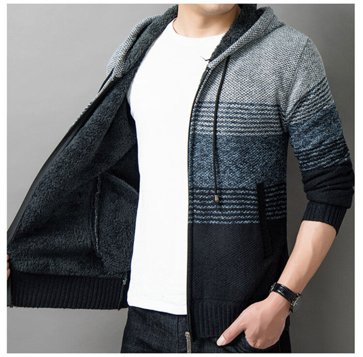 Men's knitted sweater with hood and zipper cardigan, stand-up collar, plaid, thick and warm, M-3XL