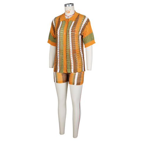 Women's Knitted Sweater Suit Sexy Lady Hollow out See-through Contrast Color Lapels