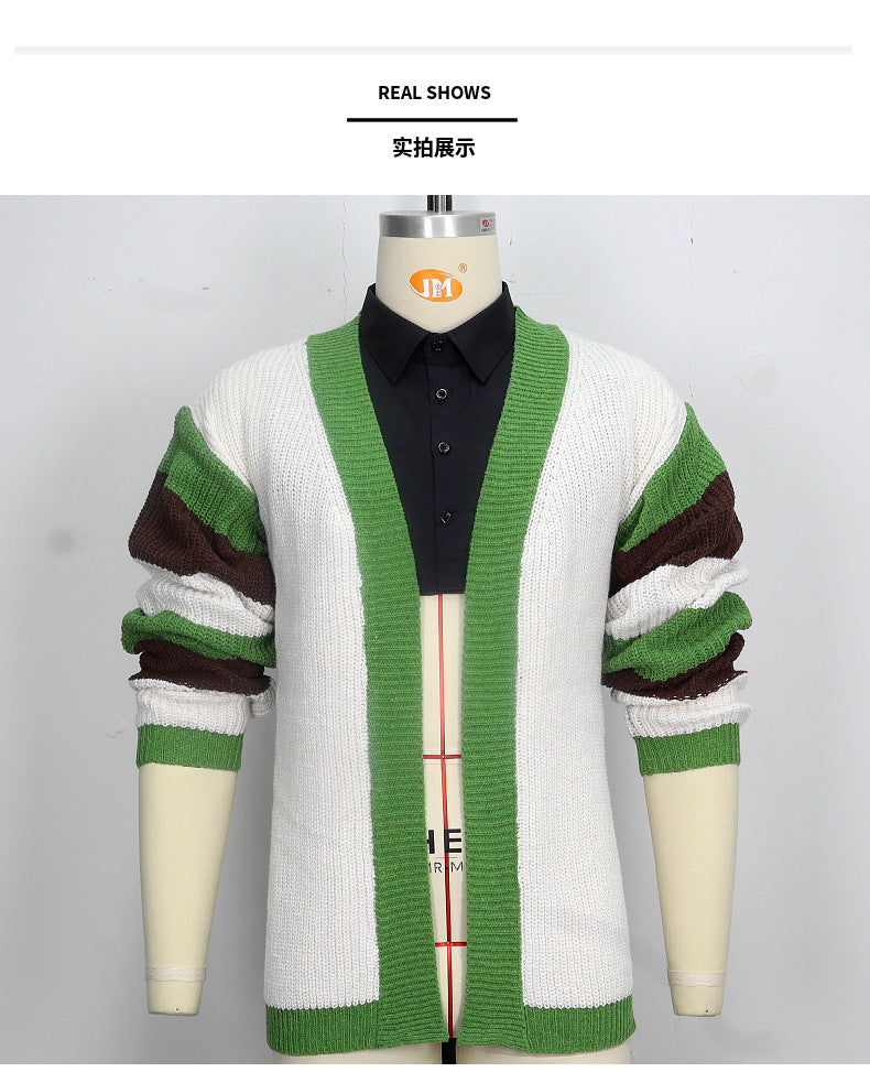 Men's Knitwear Green Edge V-neck Cardigan Loose Contrast Color Woolen Cardigan Coat Thickened Thick Needle Sweater