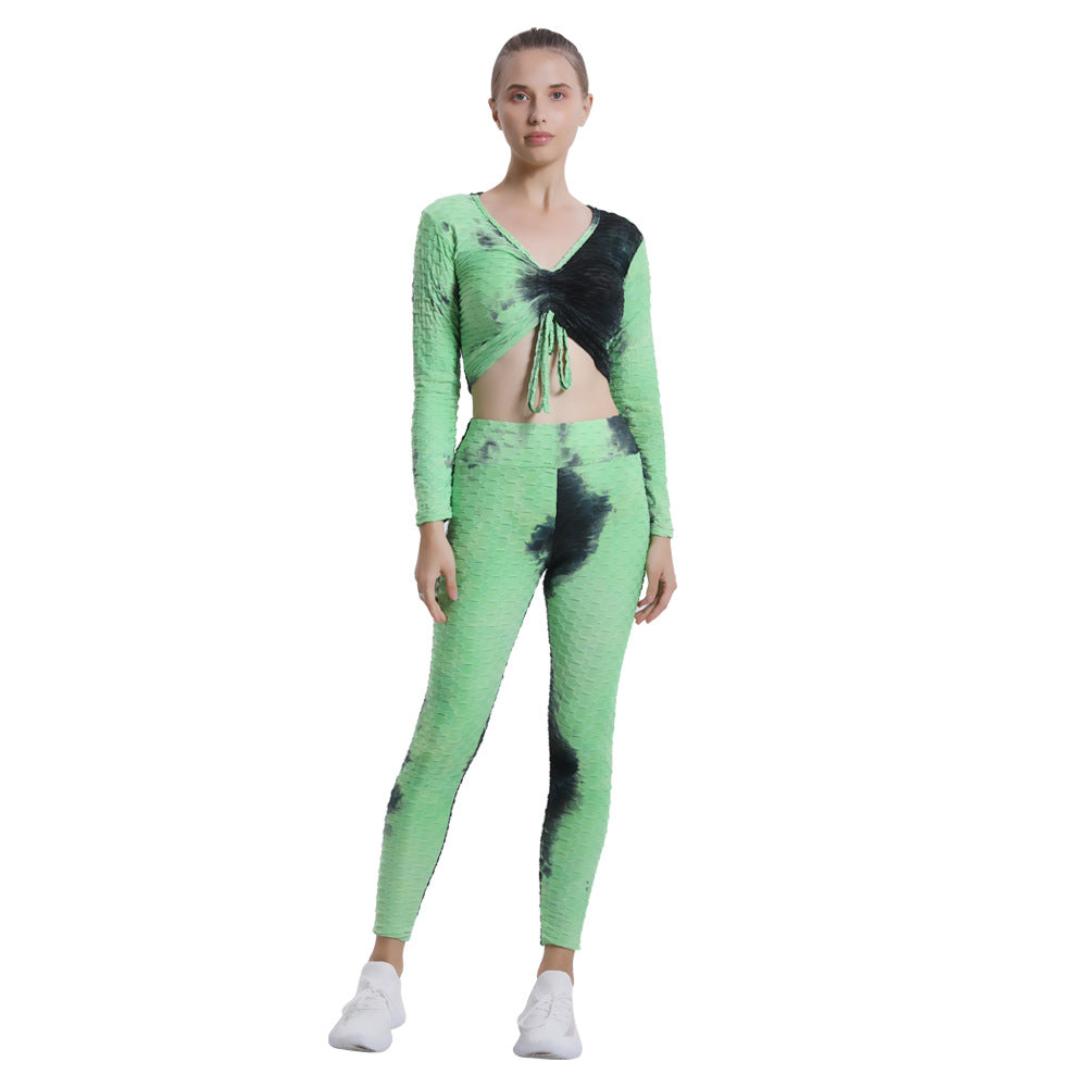 Leggings For Women Bubble Yoga Clothes Suit Women's Tie-Dyed Yoga Clothes High Waist Running Sports Fitness Clothes Long-Sleeved Trousers Two-Piece Suit