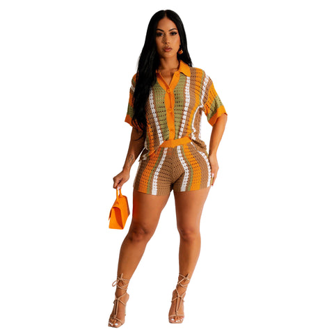 Women's Knitted Sweater Suit Sexy Lady Hollow out See-through Contrast Color Lapels