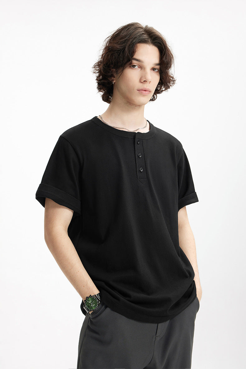 Men's T-shirt Heavy Hemp Cotton Henry Collar Spring and Summer 250G American Casual round Neck Bottoming Shirt