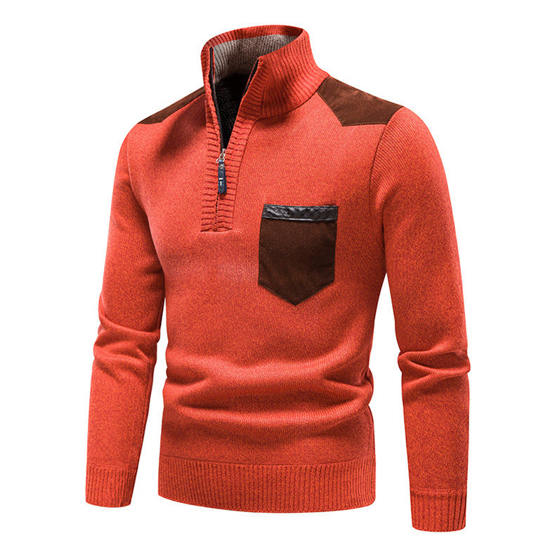 Men's knitted sweater with hood and half zipper cardigan, stand-up collar, plaid, thick and warm, M-3XL