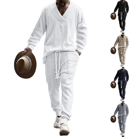 Men's Sweatshirt - New Casual Long Pants V-neck Versatile Jacquard Knit Sweater Autumn Set