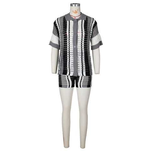 Women's Knitted Sweater Suit Sexy Lady Hollow out See-through Contrast Color Lapels