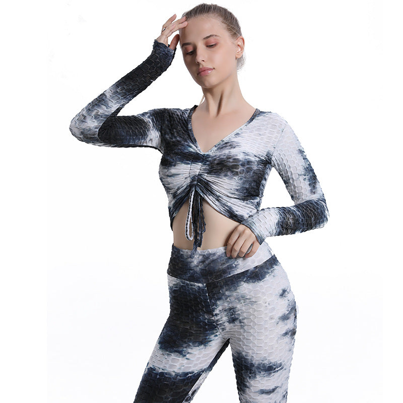 Leggings For Women Yoga Clothes Tie-Dyed Bubble Jacquard Yoga Jacket Sexy Drawstring Yoga Long Sleeve Women