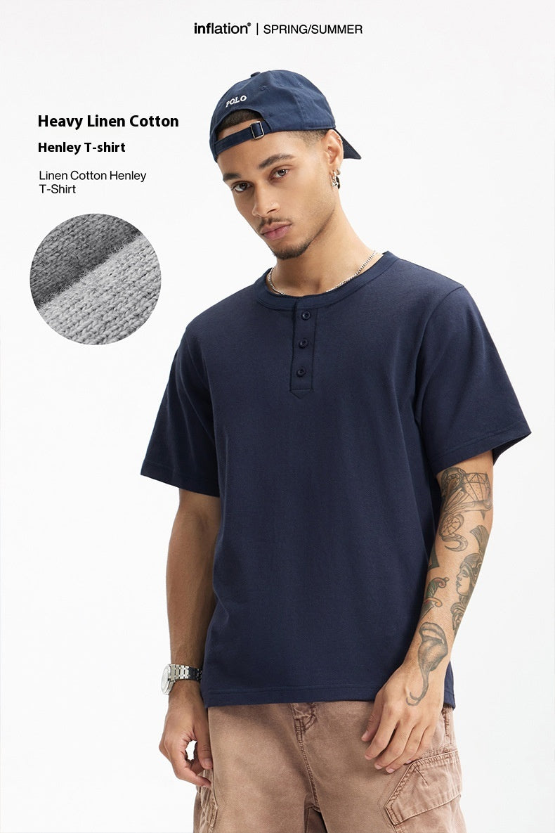 Men's T-shirt Heavy Hemp Cotton Henry Collar Spring and Summer 250G American Casual round Neck Bottoming Shirt