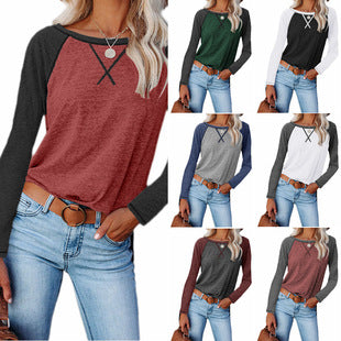 Women's Spring Summer Waffle Knit Crew Neck Patchwork Pullover Long Sleeve T-Shirt Casual Loose Top