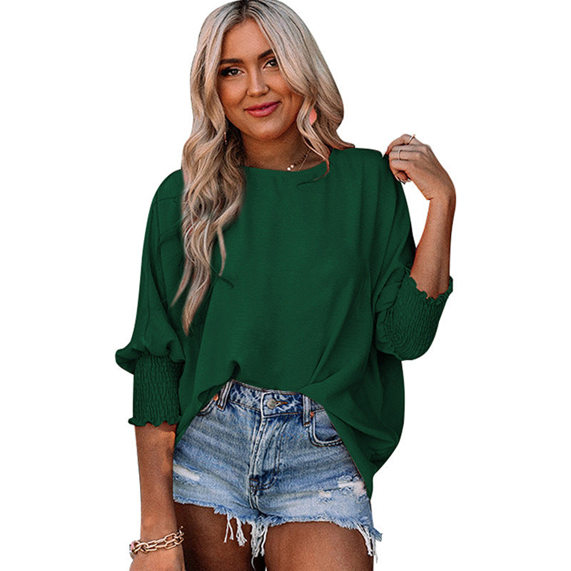 Women's Loose Plus Size Solid Color Pleated Crew Neck Top Summer New