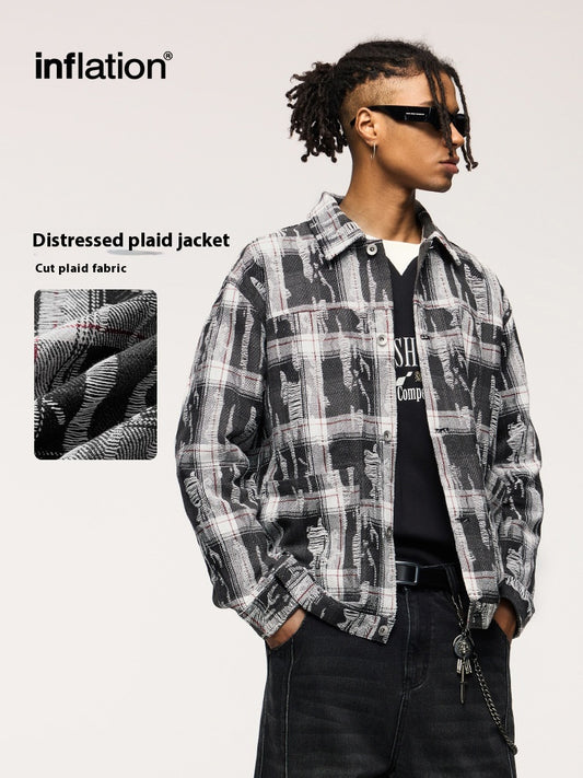 Men's Shirts New Ripped Plaid Shirt New Trendy Loose Casual Long Sleeve Shirt