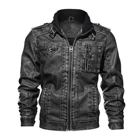 Men's jacket stand up collar machine PU leather jacket distressed washing motorcycle clothes autumn and winter fashion warm and fleece