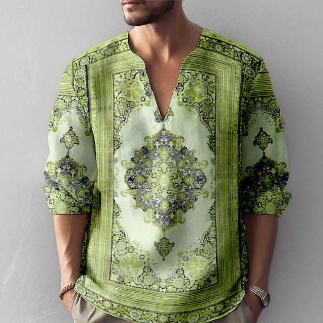 Men's Fashion Shirt Short Sleeve Beach V-Neck Drawstring printing Summer Top